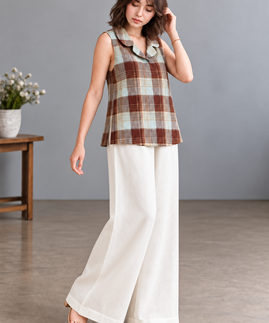 CHECKED SLEEVELESS TOP & WIDE LEG PANT SET