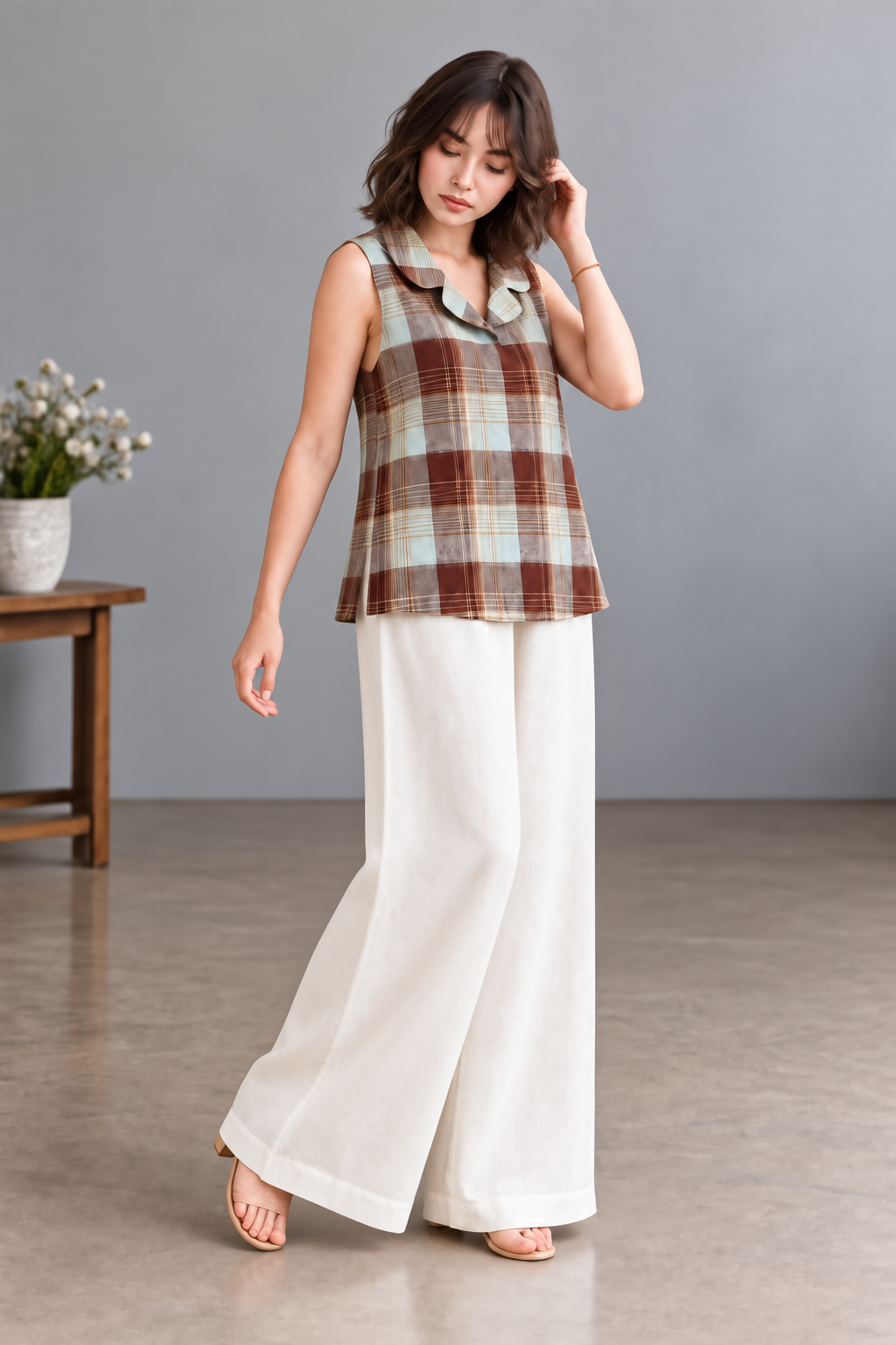 CHECKED SLEEVELESS TOP & WIDE LEG PANT SET