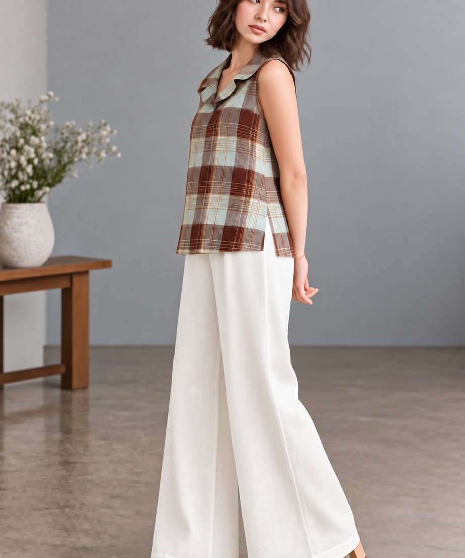CHECKED SLEEVELESS TOP & WIDE LEG PANT SET
