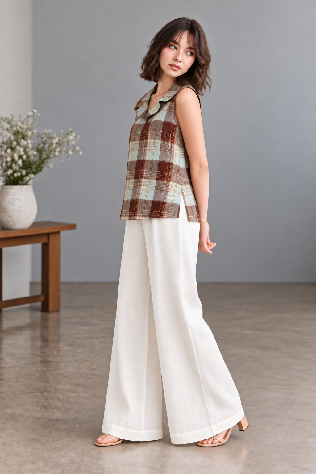 CHECKED SLEEVELESS TOP & WIDE LEG PANT SET