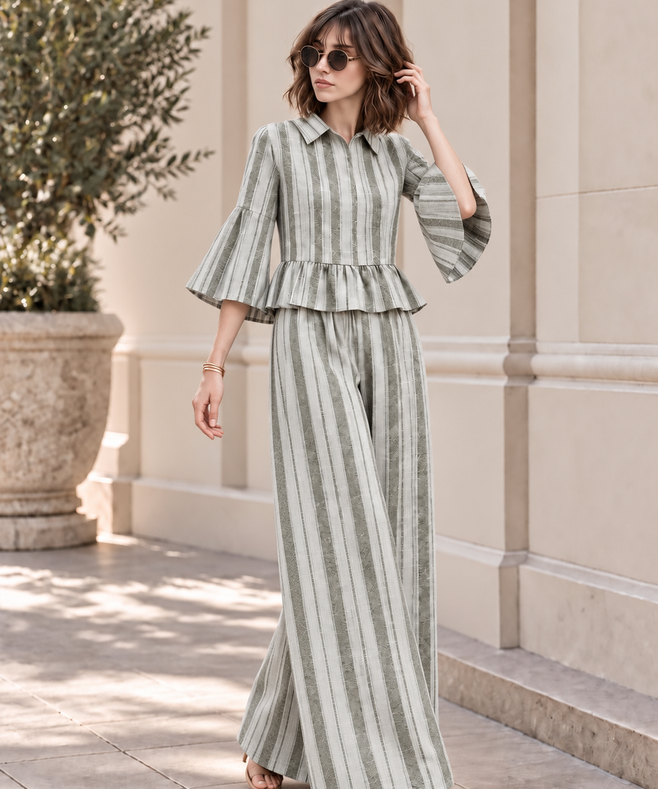 STRIPED PEPLUM TOP & WIDE LEG PANT SET