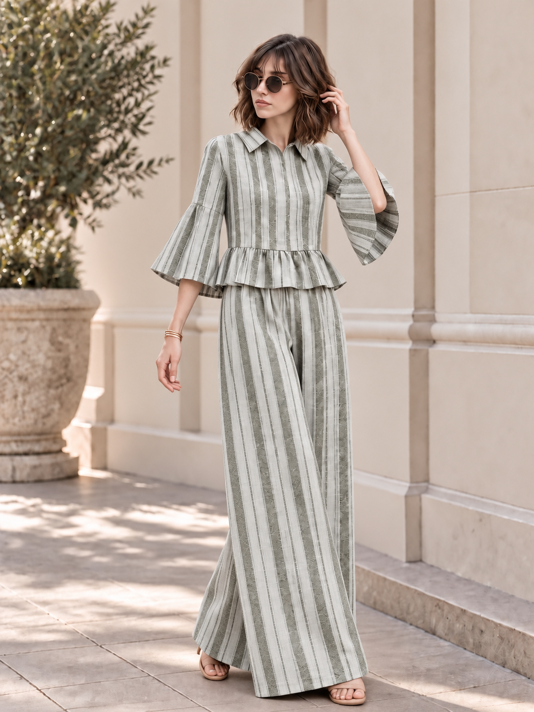 STRIPED PEPLUM TOP & WIDE LEG PANT SET