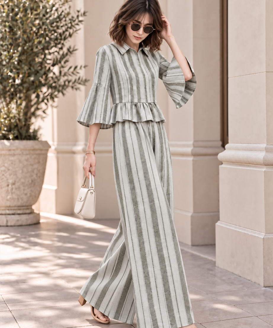 STRIPED PEPLUM TOP & WIDE LEG PANT SET