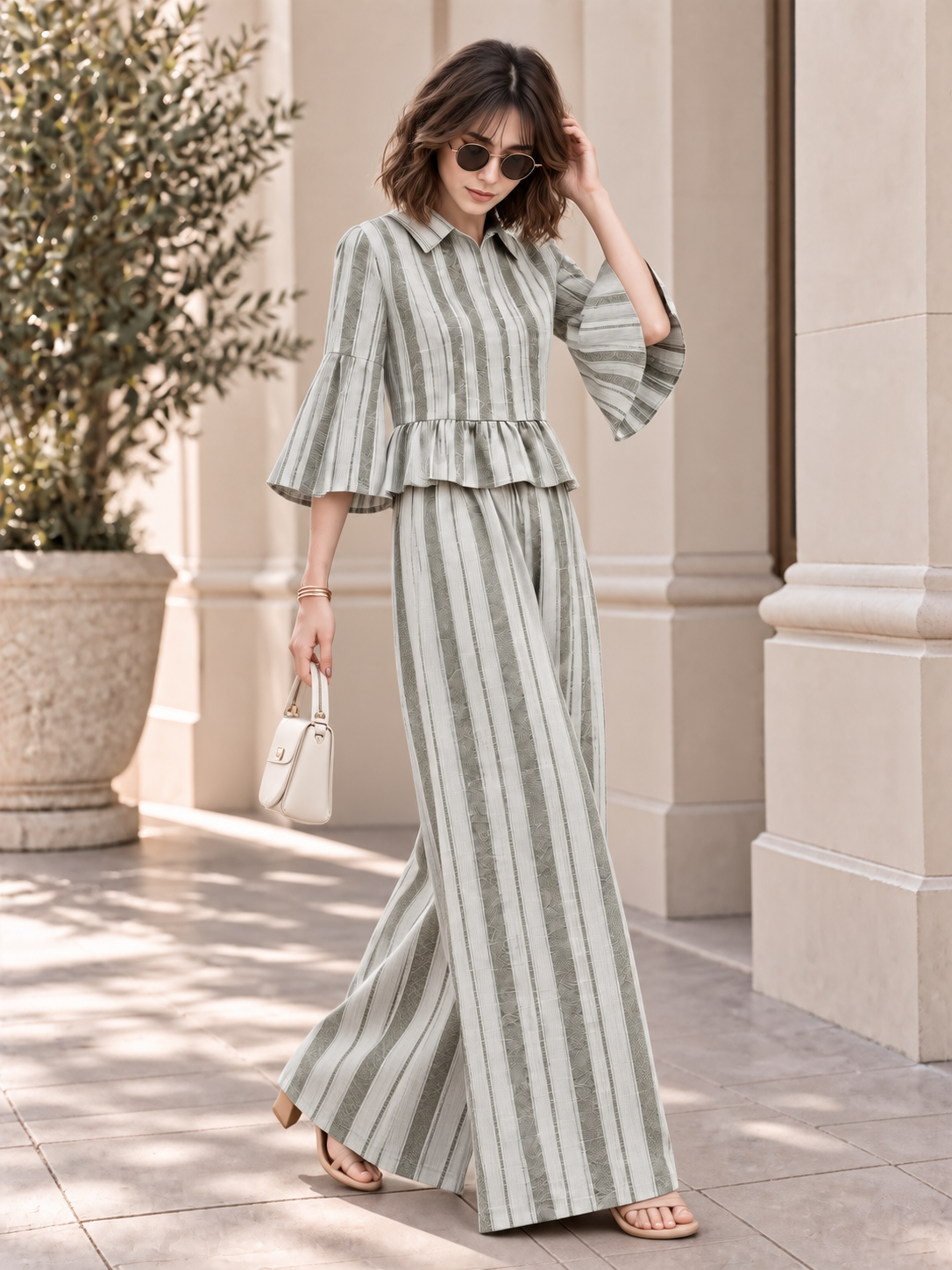 STRIPED PEPLUM TOP & WIDE LEG PANT SET