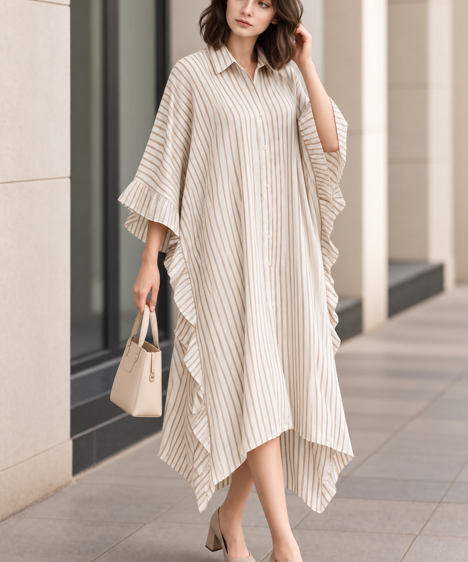 STRIPED RUFFLE KAFTAN DRESS