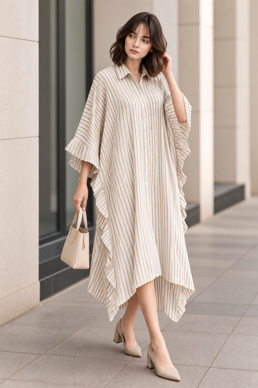 STRIPED RUFFLE KAFTAN DRESS