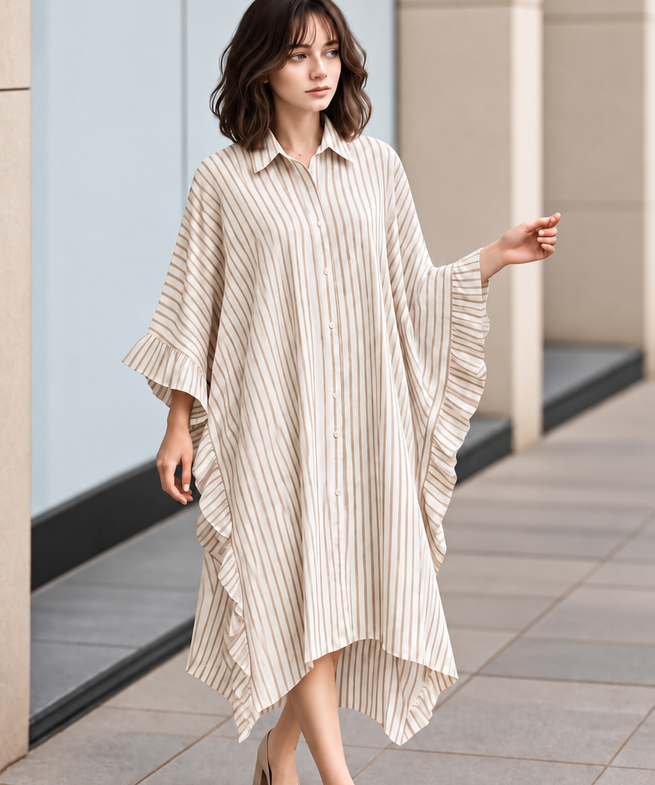 STRIPED RUFFLE KAFTAN DRESS