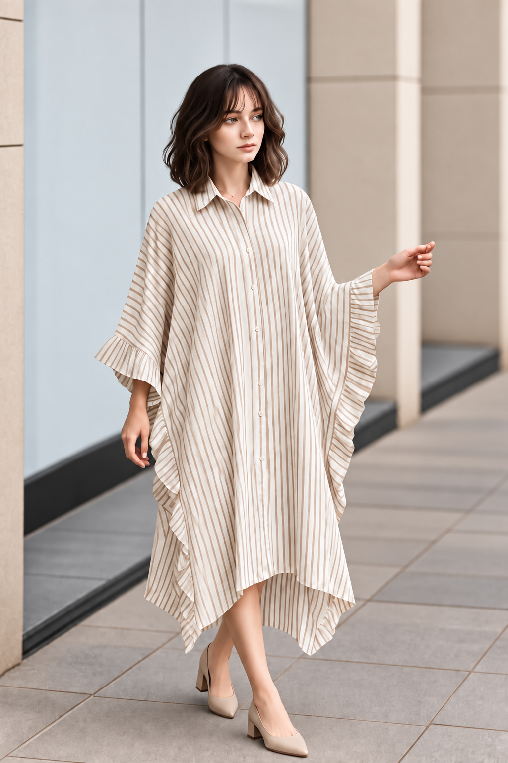 STRIPED RUFFLE KAFTAN DRESS