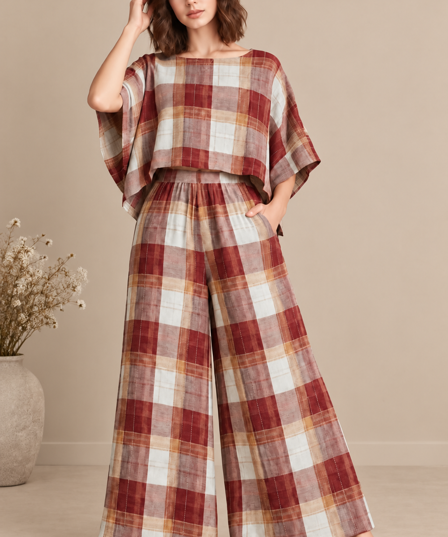 PLAID CO-ORD TOP & WIDE LEG PANT SET