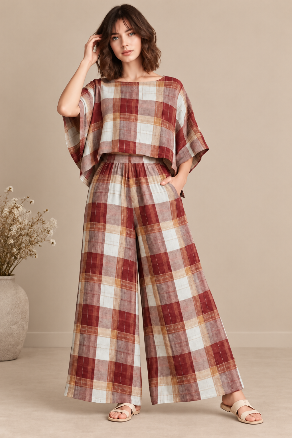 PLAID CO-ORD TOP & WIDE LEG PANT SET