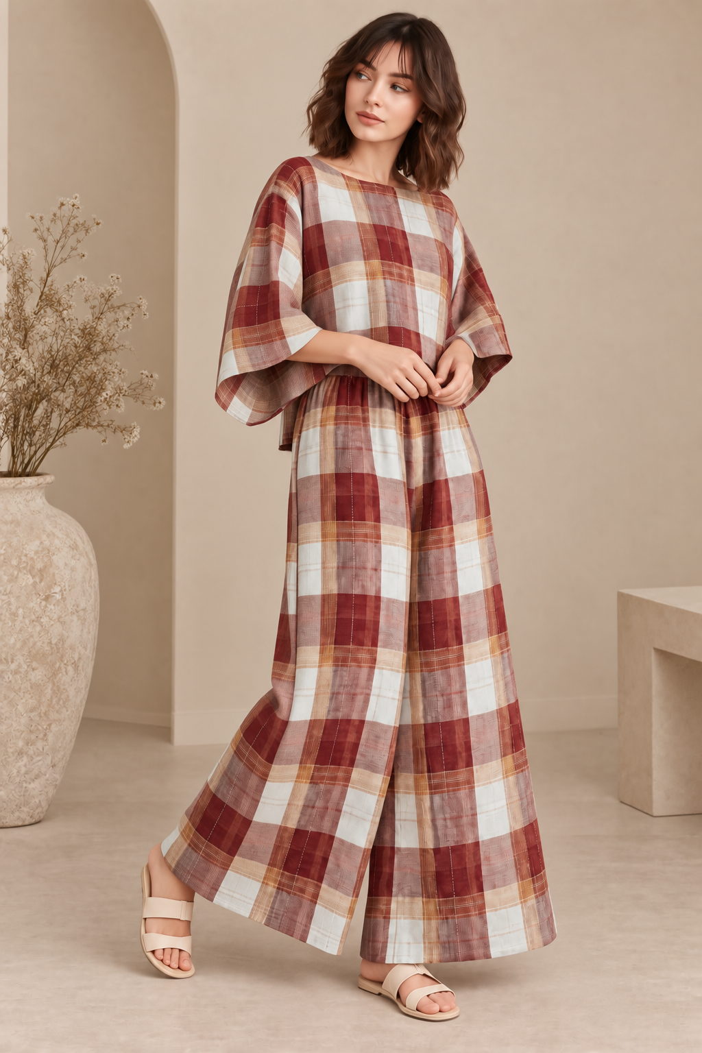 PLAID CO-ORD TOP & WIDE LEG PANT SET