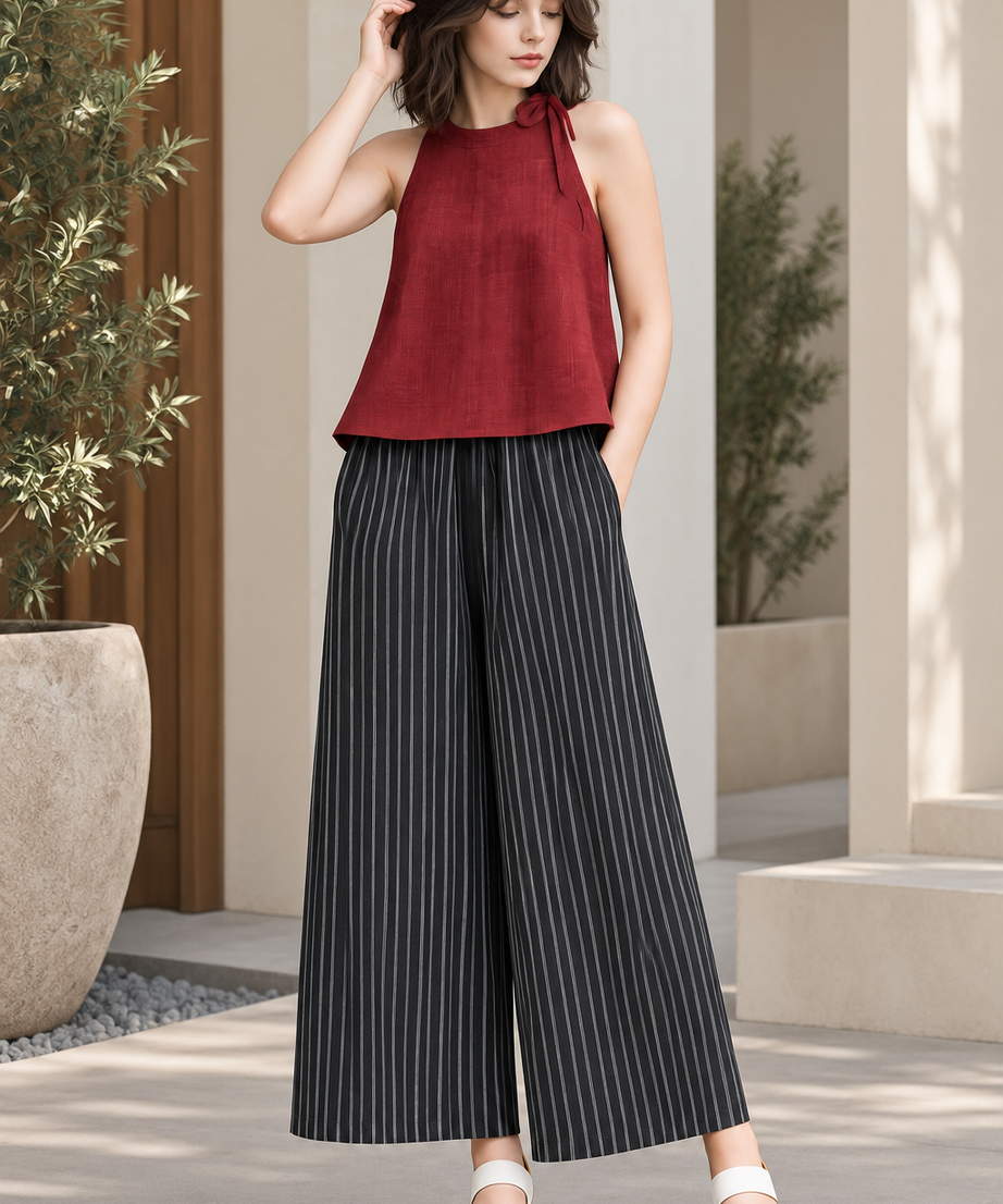 SLEEVELESS TOP & STRIPED WIDE LEG PANT SET