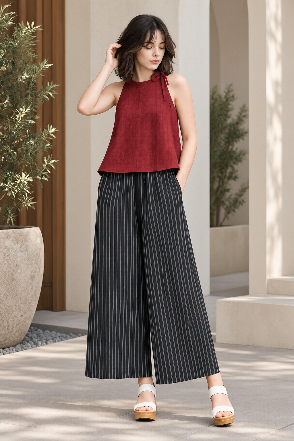 SLEEVELESS TOP & STRIPED WIDE LEG PANT SET