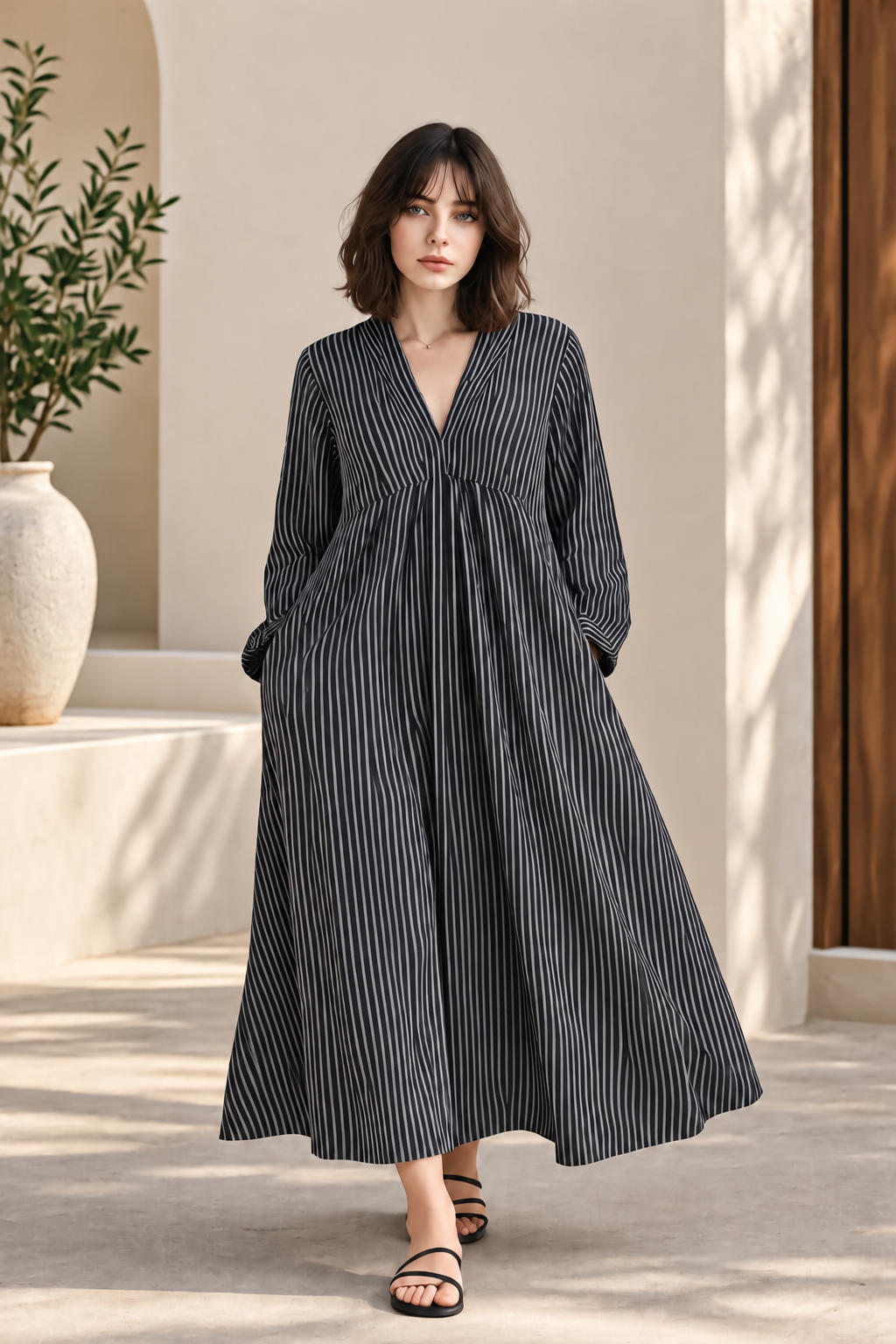 STRIPED FLARED MAXI DRESS
