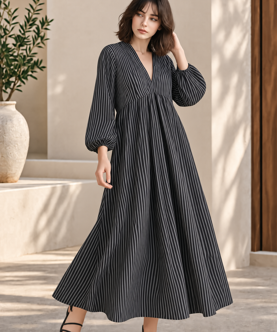 STRIPED FLARED MAXI DRESS