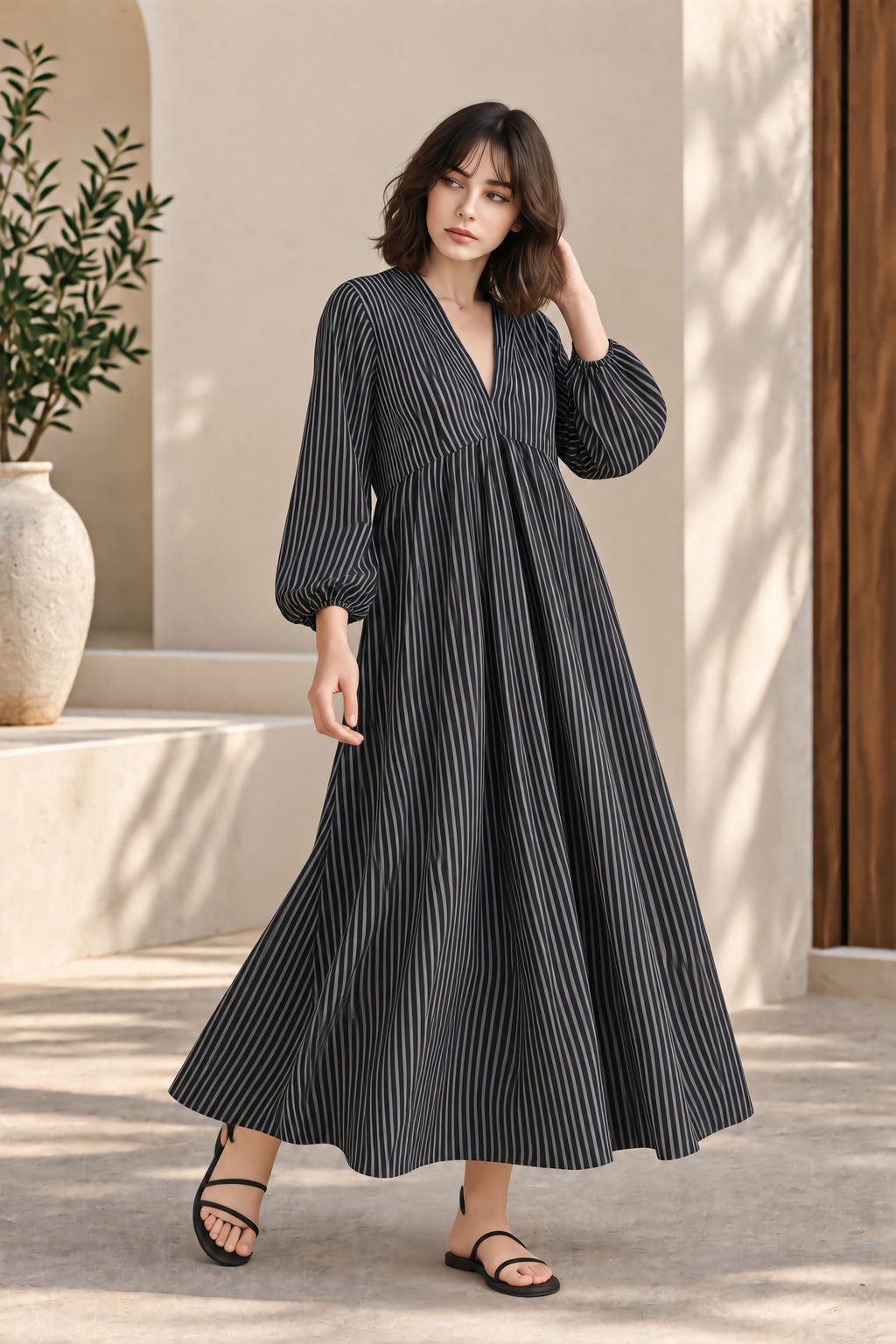 STRIPED FLARED MAXI DRESS