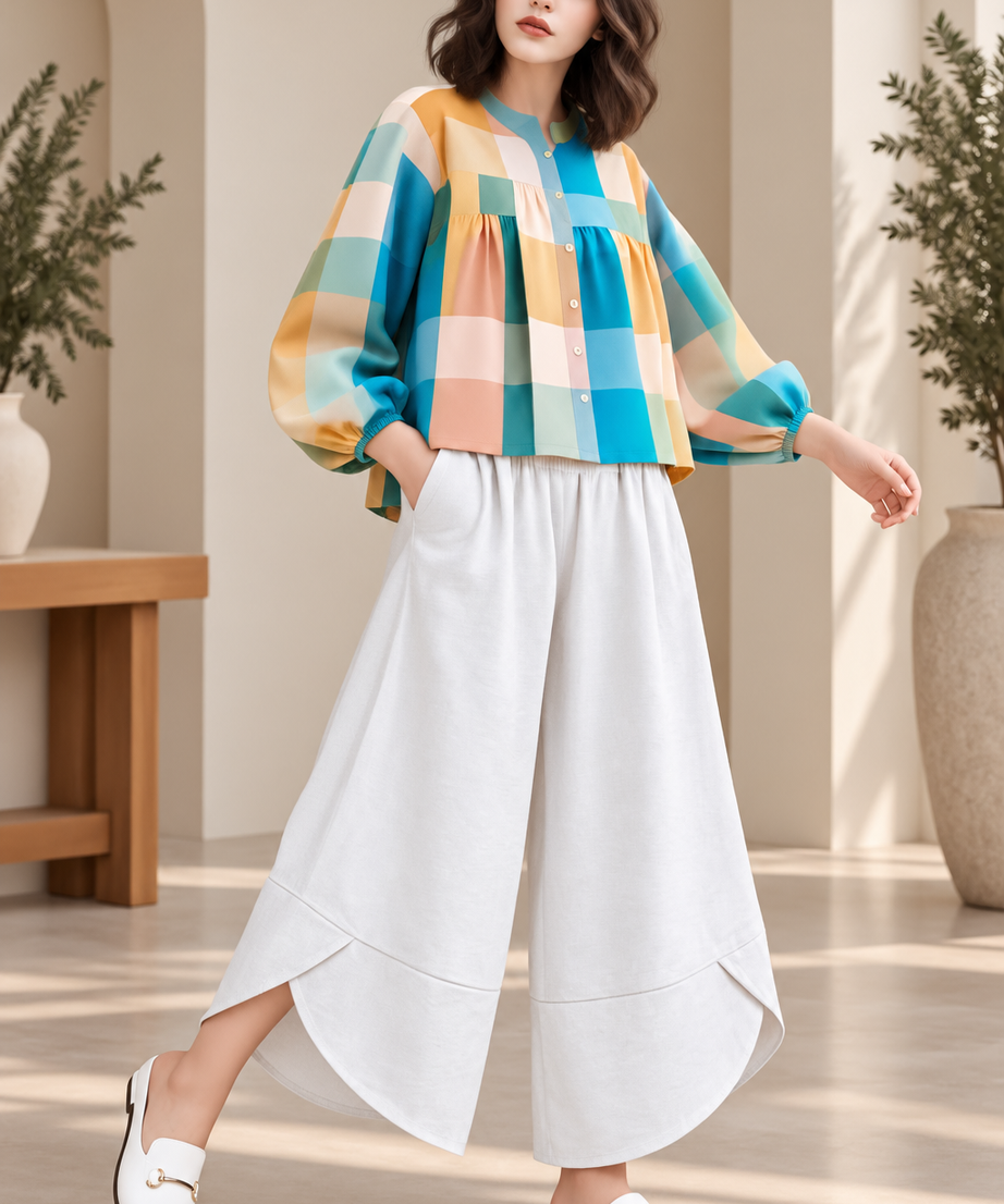 CHECKED TOP & WIDE LEG PANT SET
