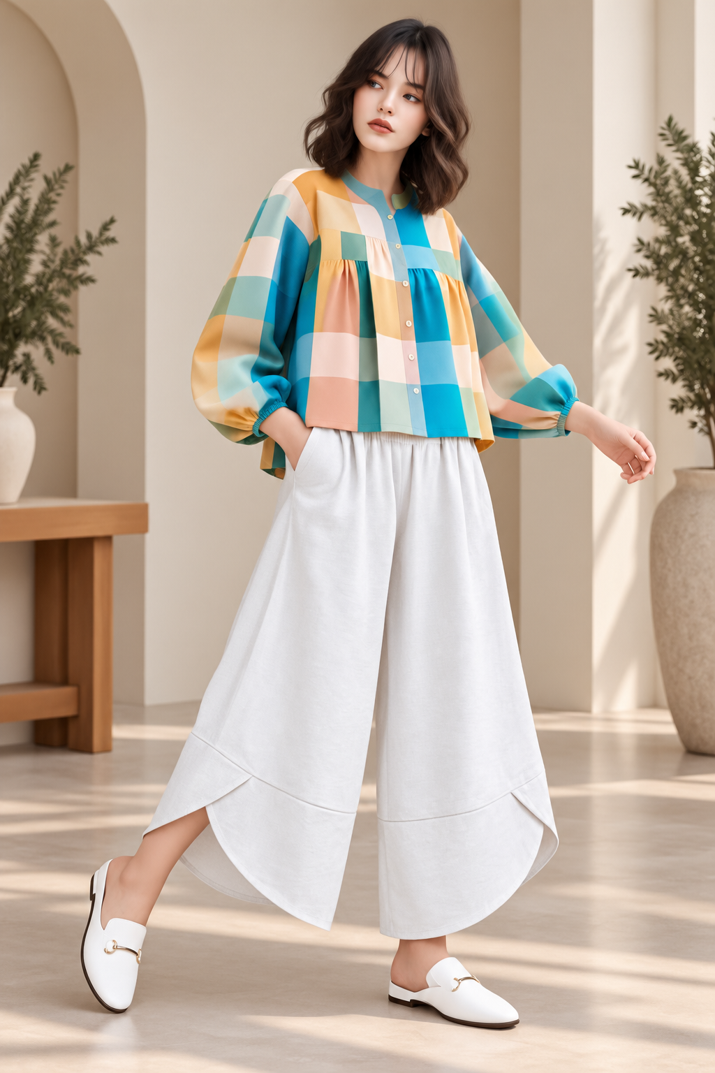 CHECKED TOP & WIDE LEG PANT SET