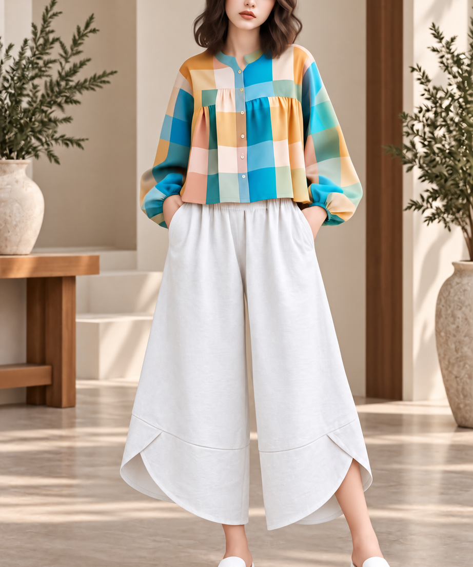 CHECKED TOP & WIDE LEG PANT SET