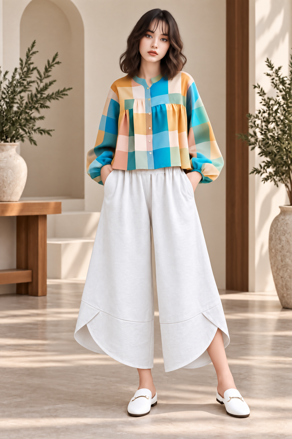 CHECKED TOP & WIDE LEG PANT SET