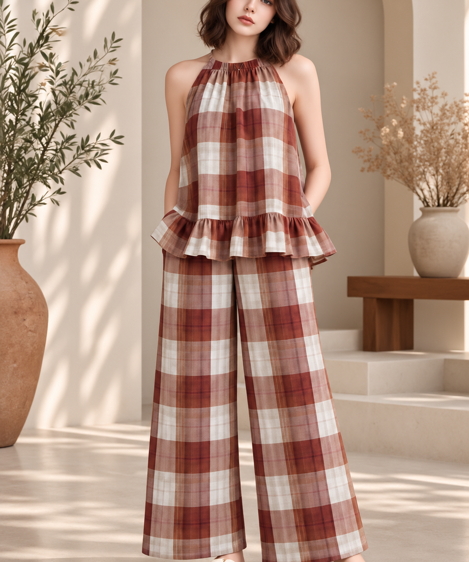 PLAID RUFFLE TOP & WIDE LEG PANT SET