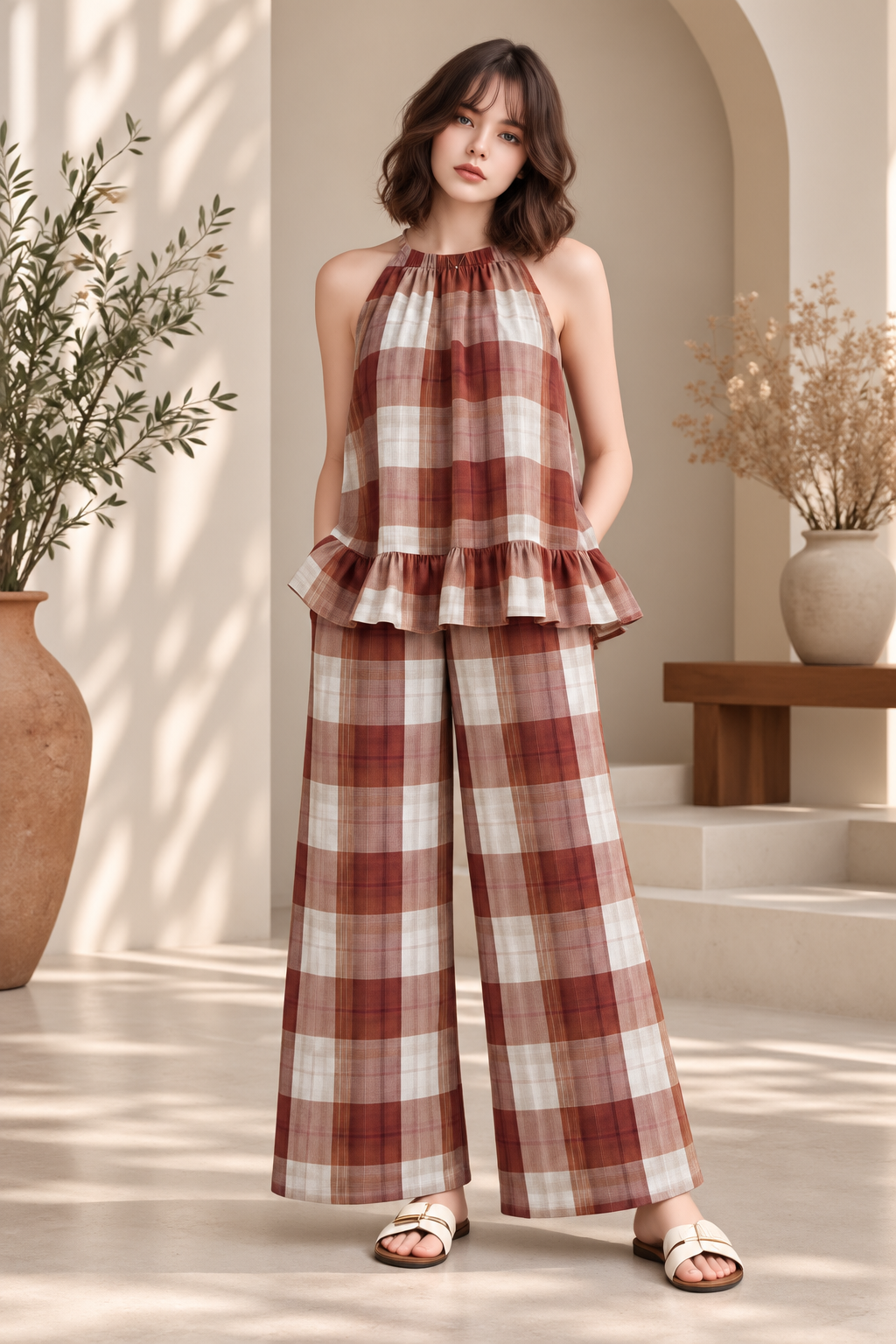 PLAID RUFFLE TOP & WIDE LEG PANT SET