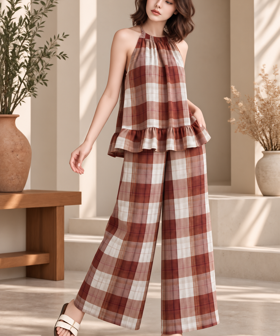 PLAID RUFFLE TOP & WIDE LEG PANT SET