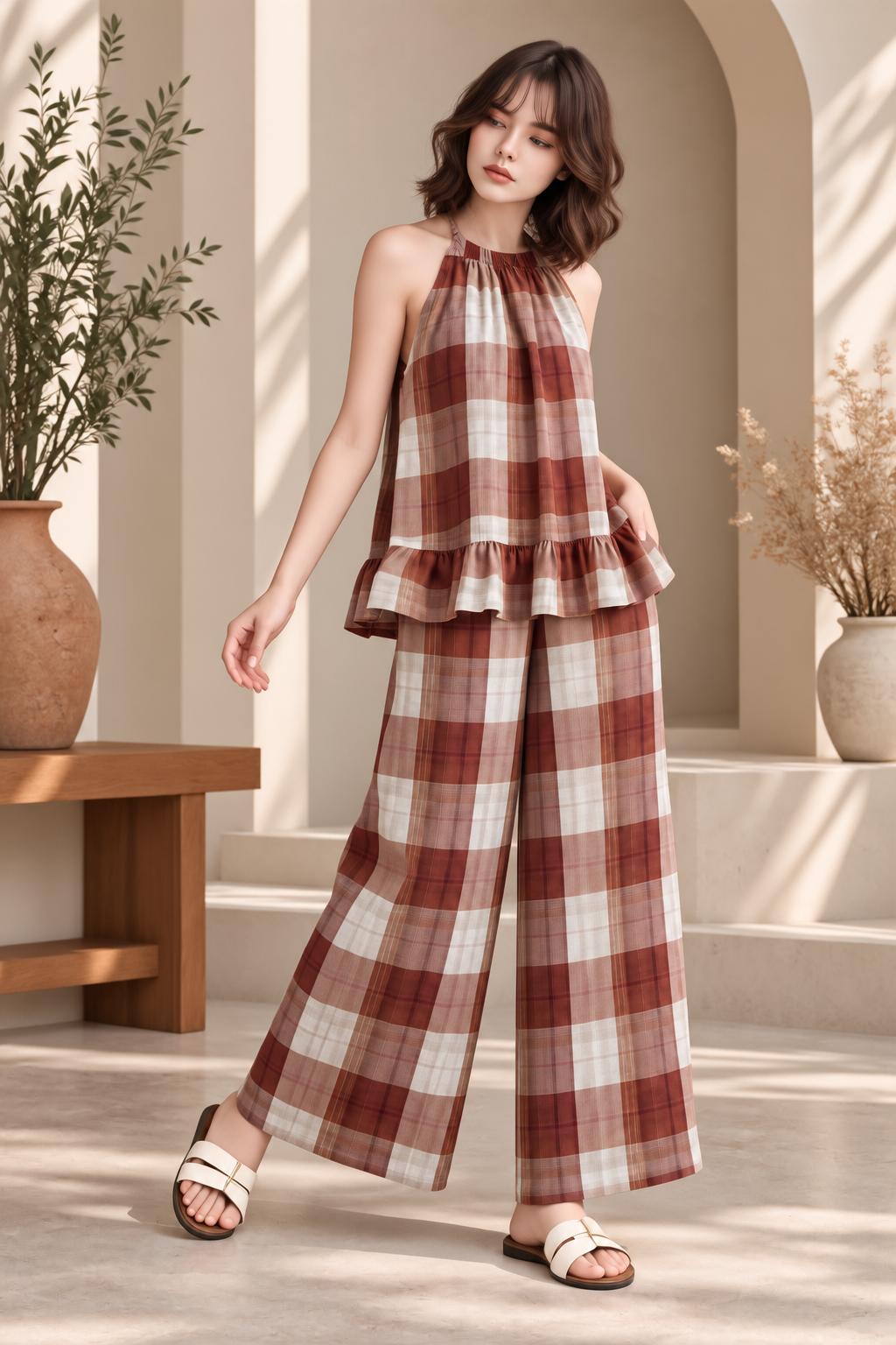 PLAID RUFFLE TOP & WIDE LEG PANT SET