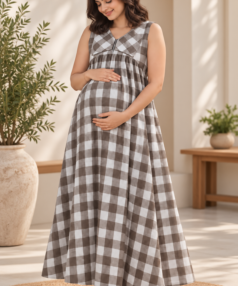 CHECKED MATERNITY MAXI DRESS