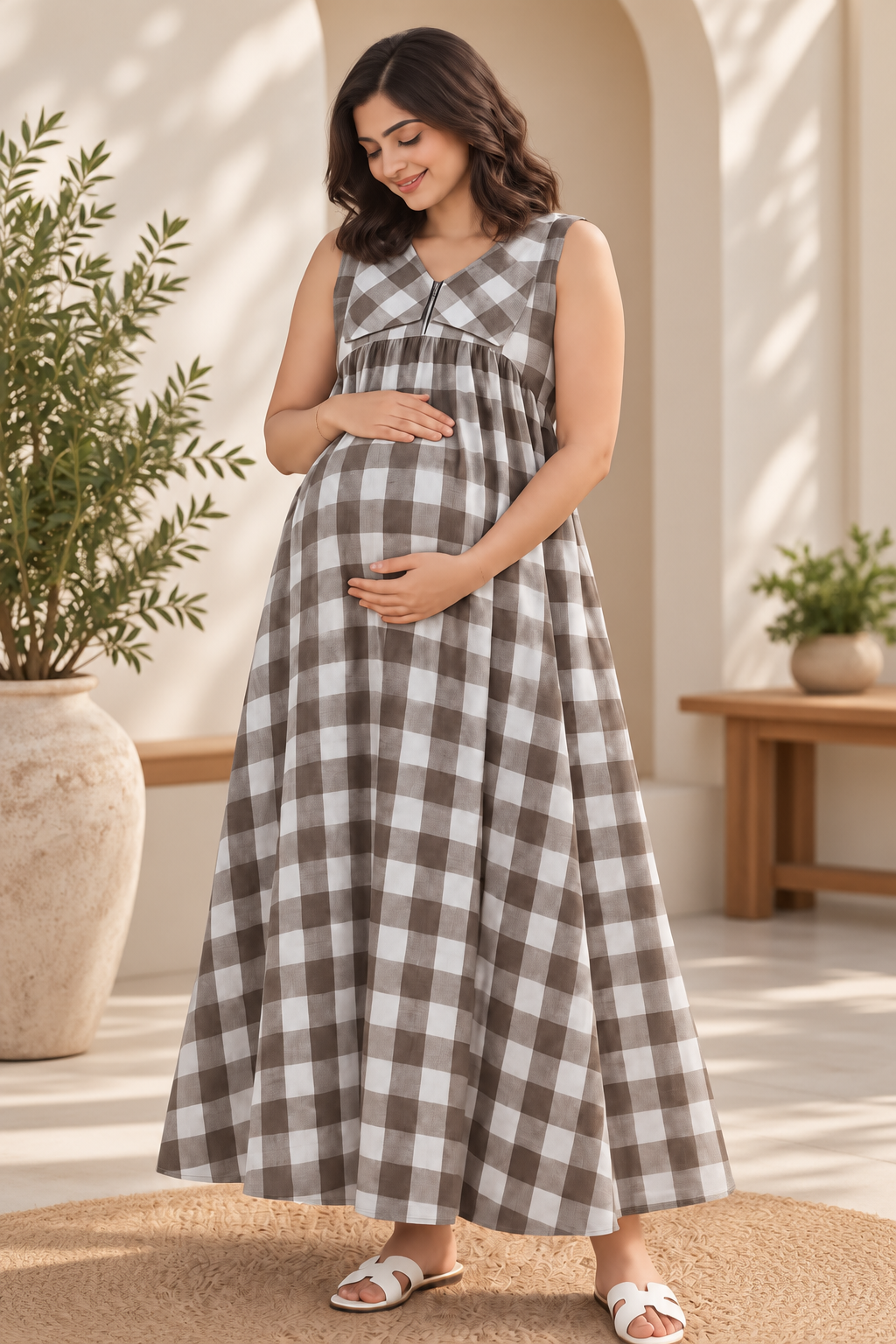CHECKED MATERNITY MAXI DRESS