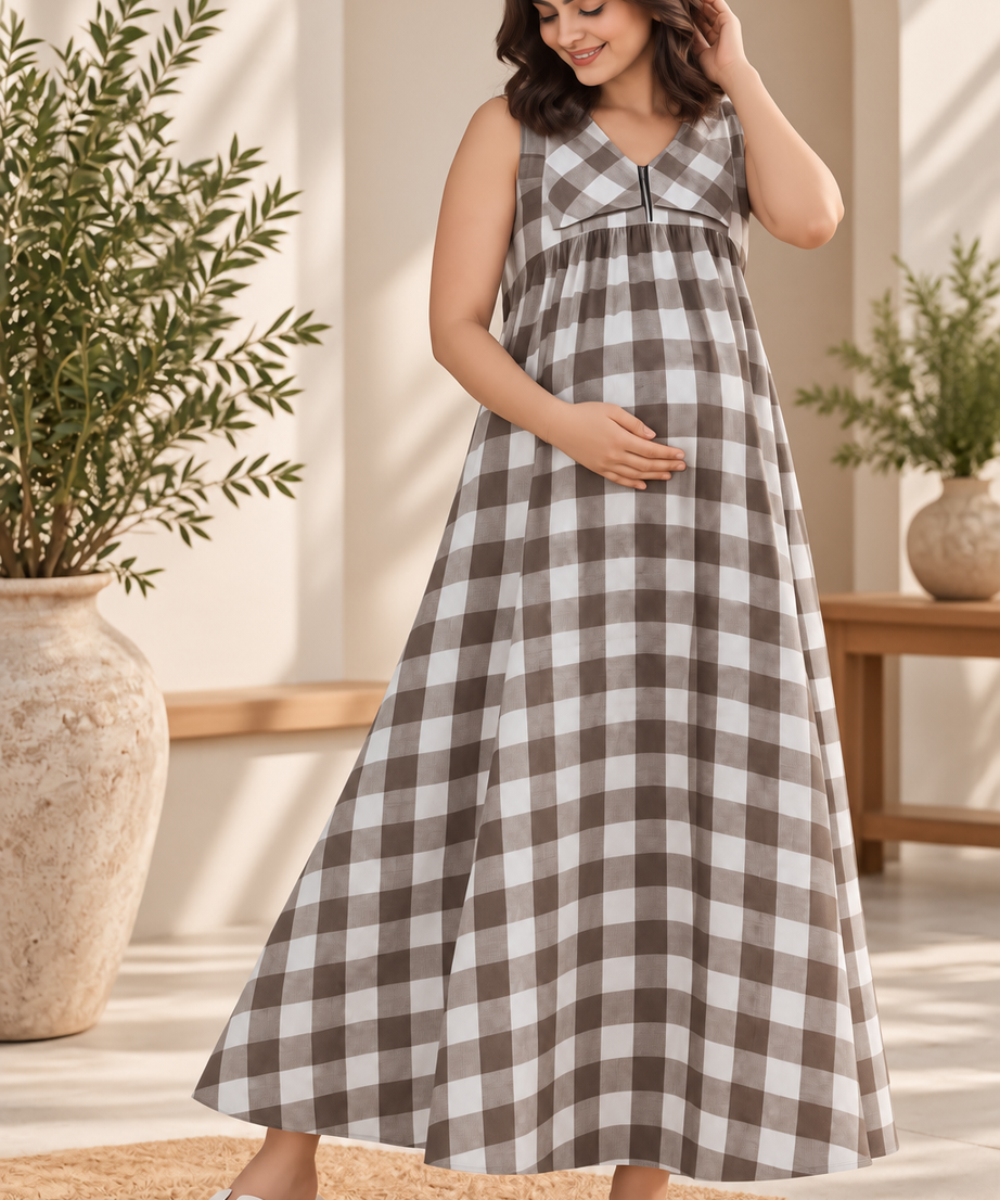 CHECKED MATERNITY MAXI DRESS