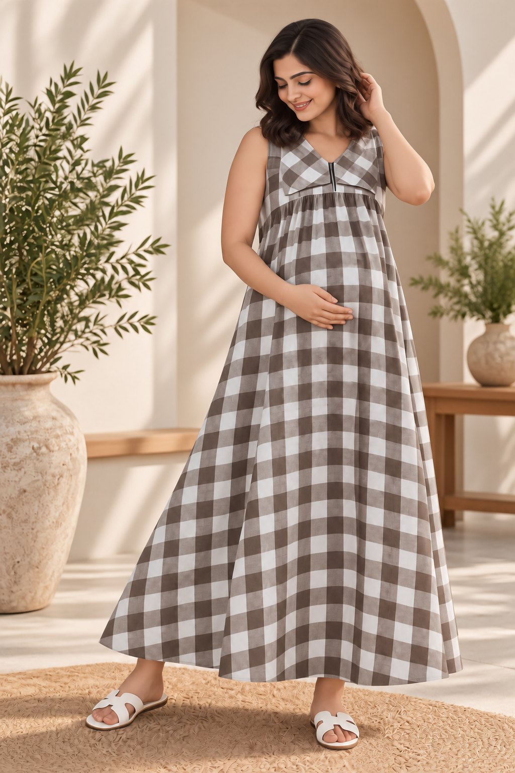 CHECKED MATERNITY MAXI DRESS