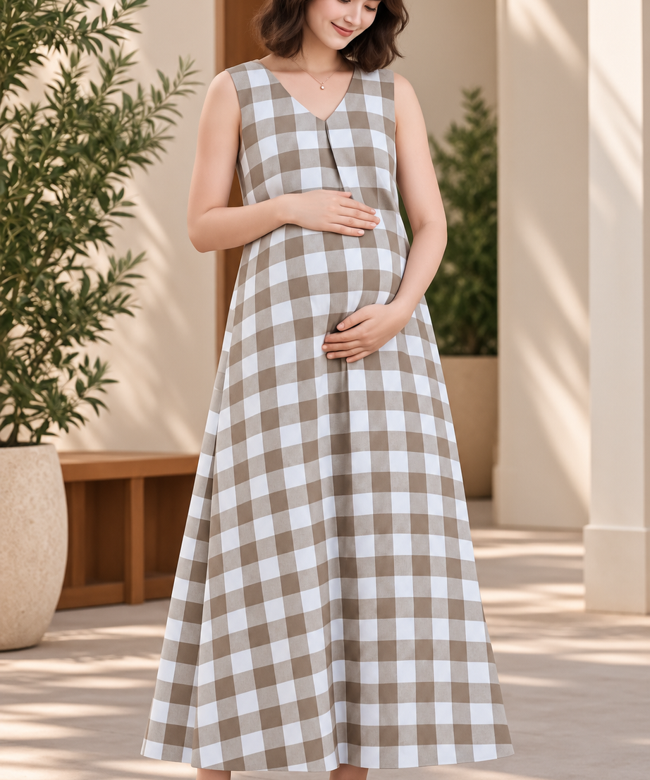 CHECKED SLEEVELESS MATERNITY MAXI DRESS
