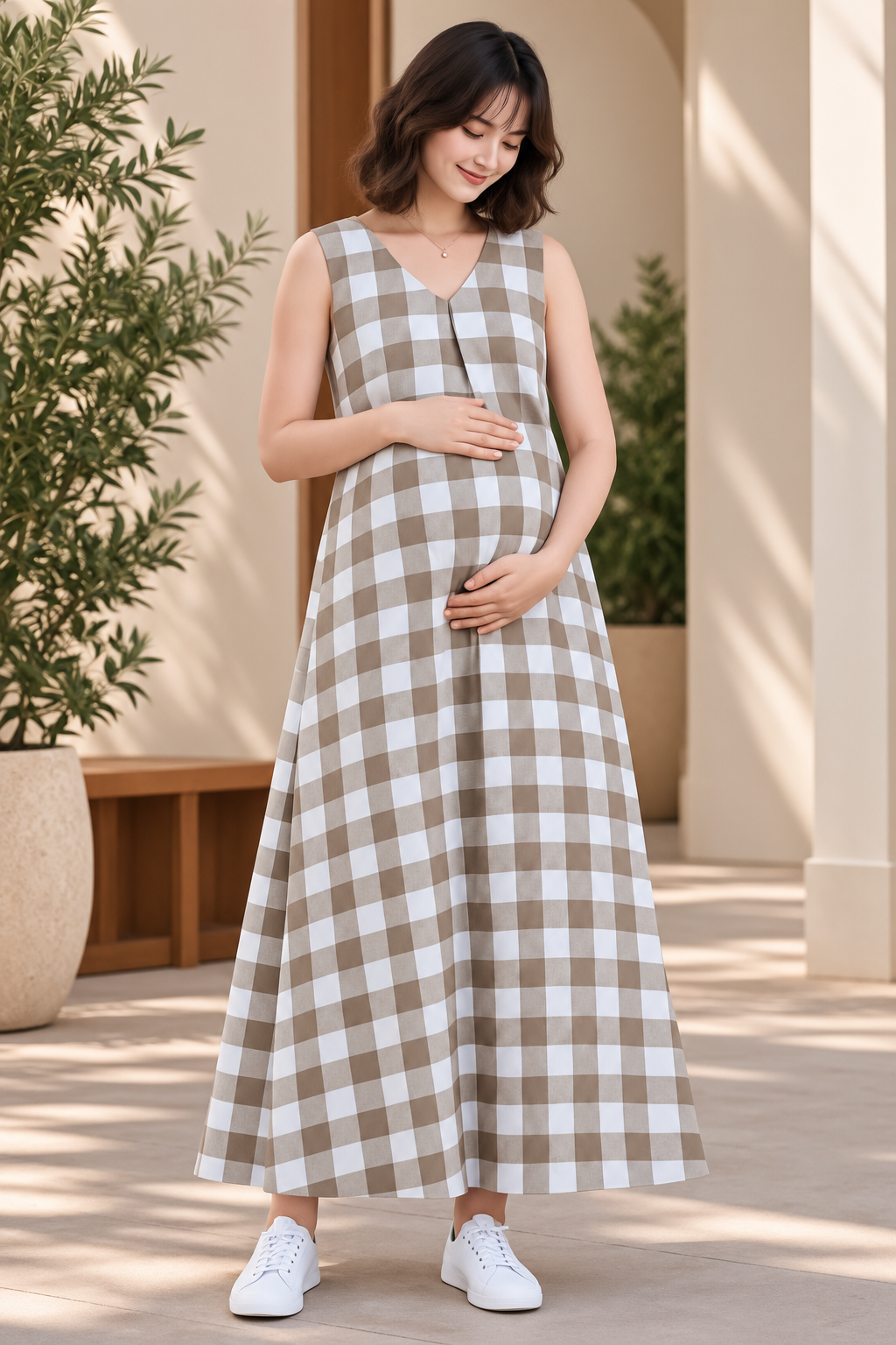 CHECKED SLEEVELESS MATERNITY MAXI DRESS
