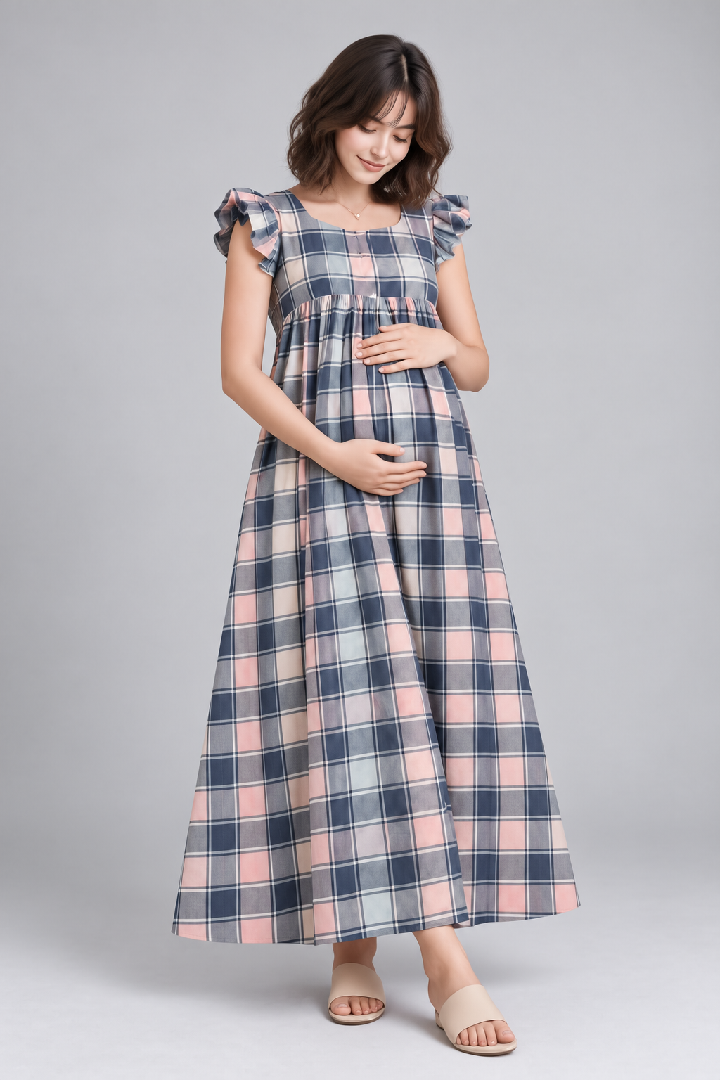 PLAID RUFFLE SLEEVE MATERNITY MAXI DRESS