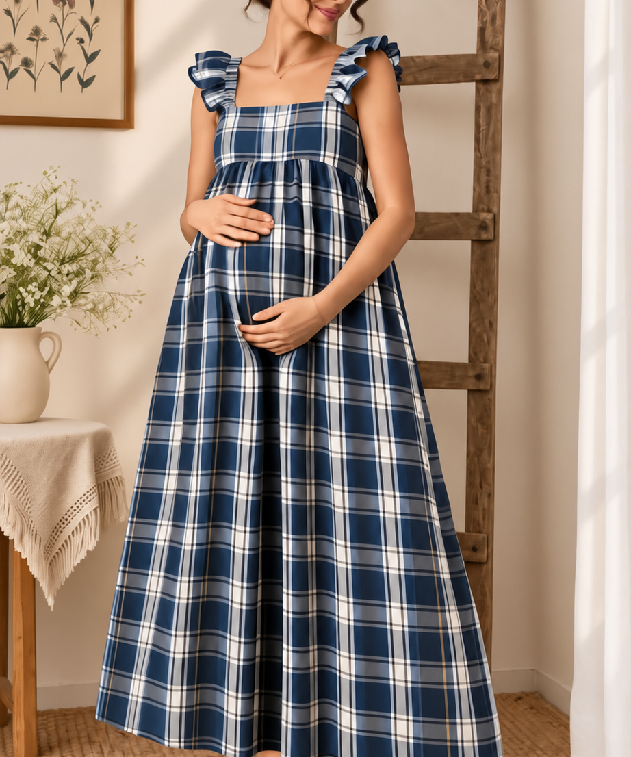 BLUE PLAID MATERNITY MAXI DRESS