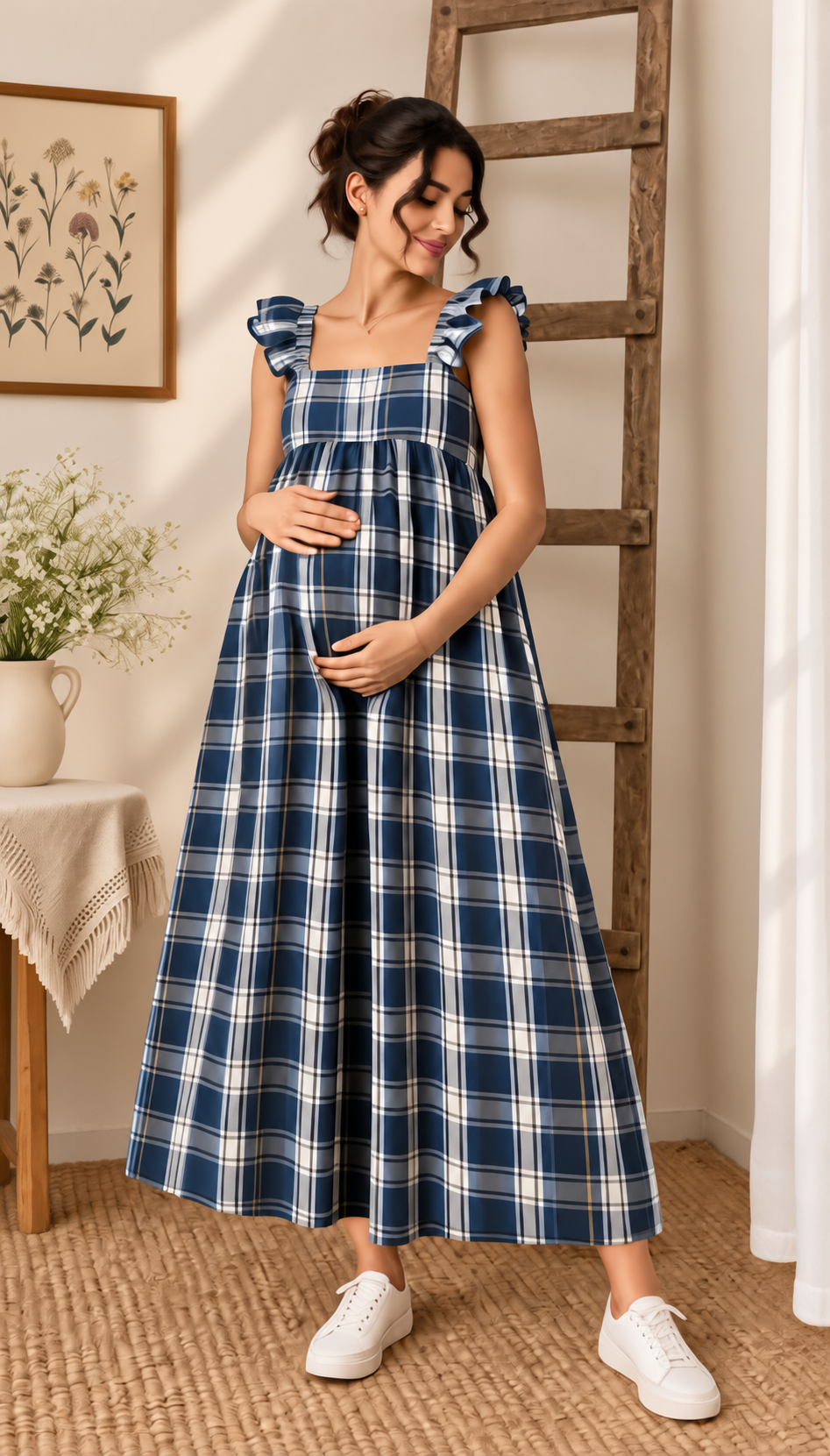BLUE PLAID MATERNITY MAXI DRESS