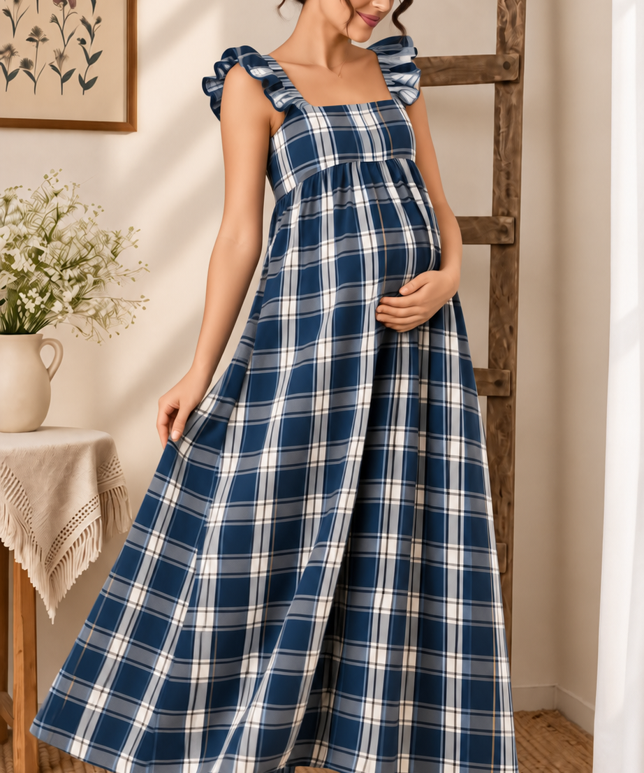 BLUE PLAID MATERNITY MAXI DRESS