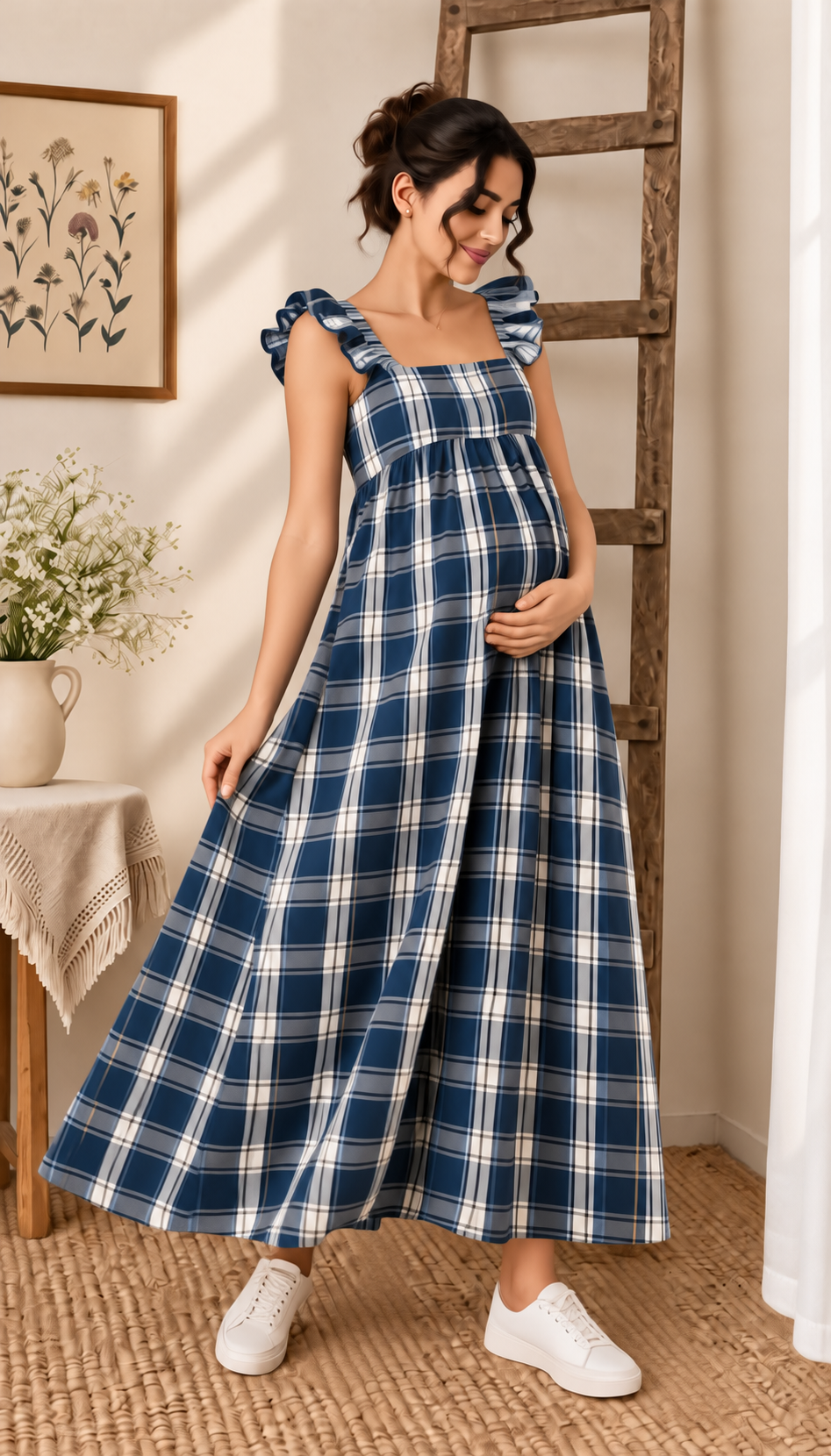 BLUE PLAID MATERNITY MAXI DRESS