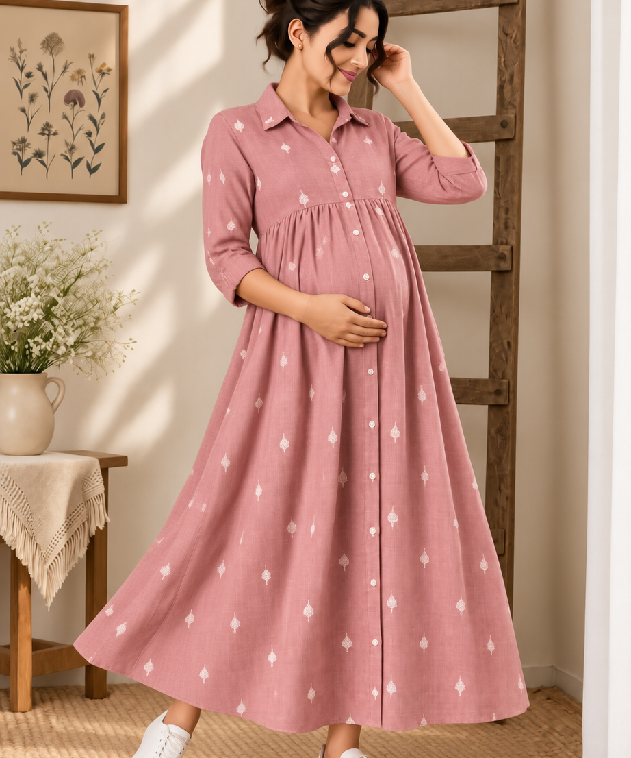PINK PRINTED MATERNITY SHIRT MAXI DRESS