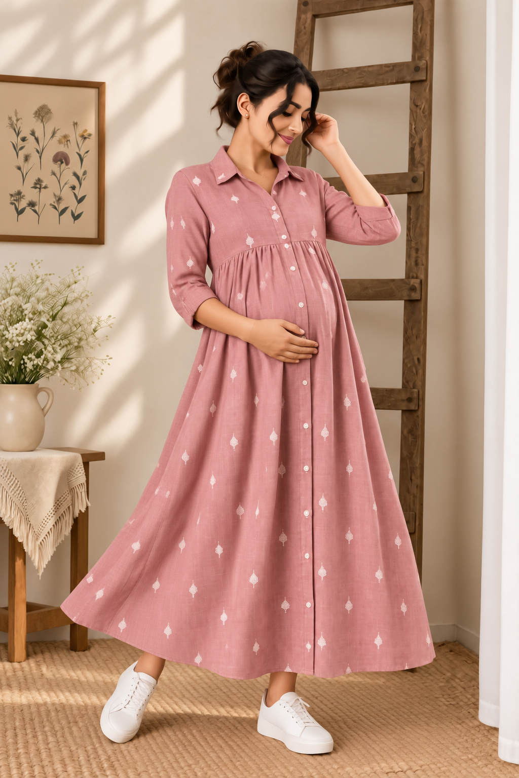 PINK PRINTED MATERNITY SHIRT MAXI DRESS