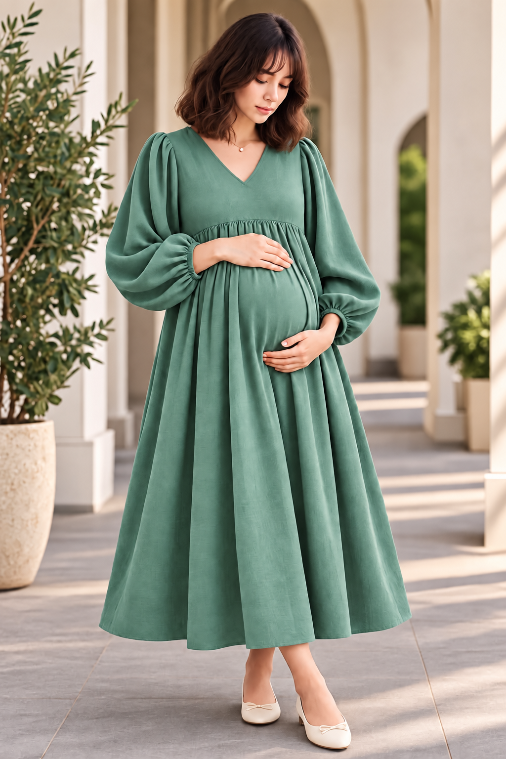 SAGE GREEN FLARED MATERNITY MAXI DRESS