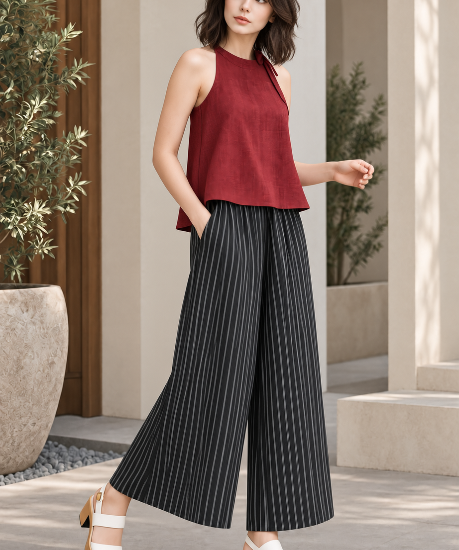 SLEEVELESS TOP & STRIPED WIDE LEG PANT SET