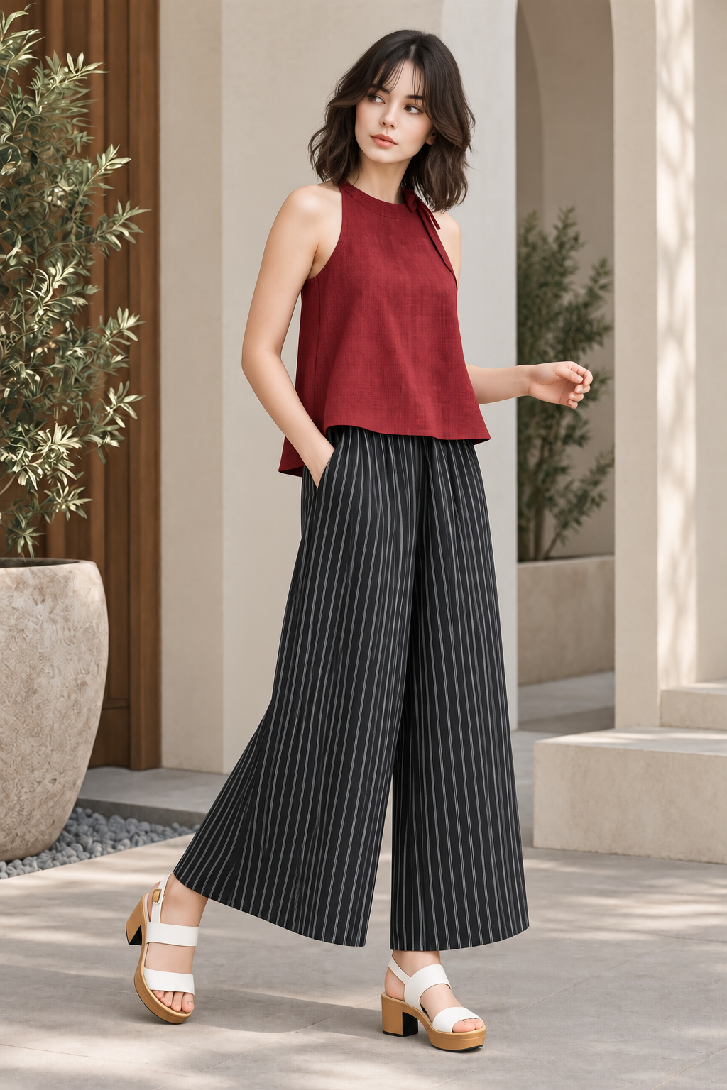SLEEVELESS TOP & STRIPED WIDE LEG PANT SET