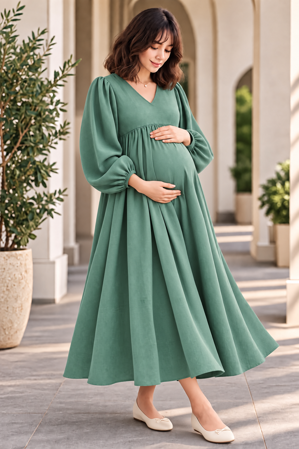 SAGE GREEN FLARED MATERNITY MAXI DRESS