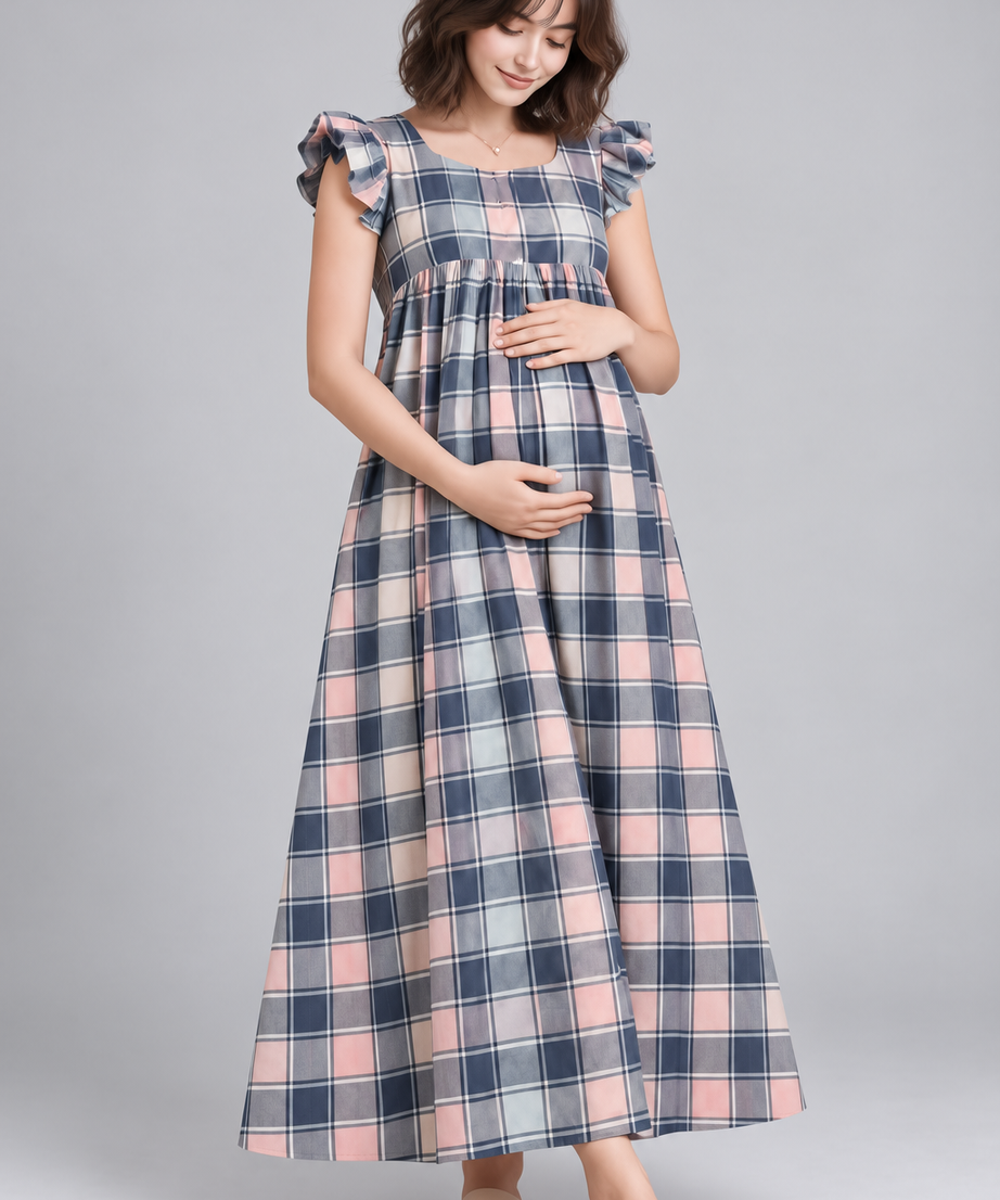 PLAID RUFFLE SLEEVE MATERNITY MAXI DRESS