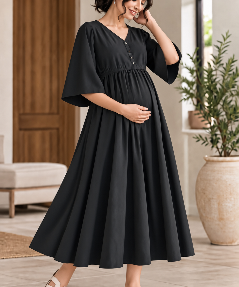 BLACK FLARED MATERNITY MAXI DRESS
