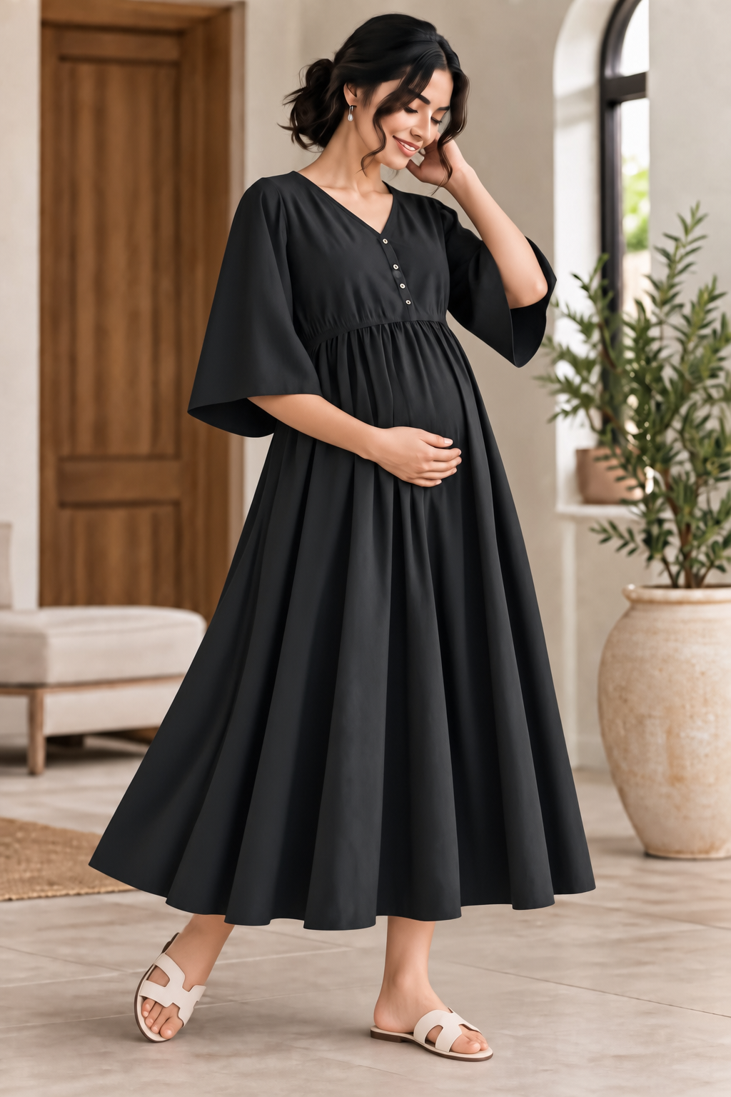BLACK FLARED MATERNITY MAXI DRESS