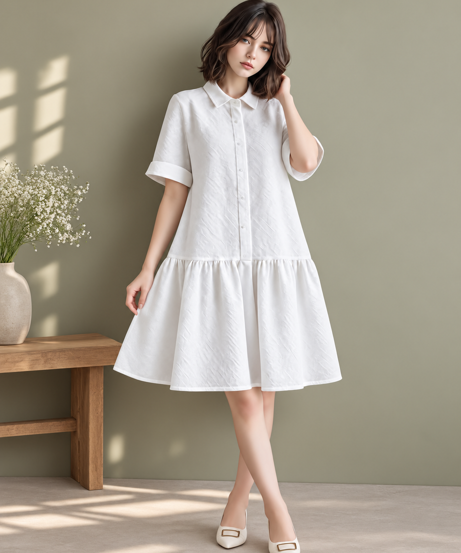 WHITE TIERED SHIRT MIDI DRESS