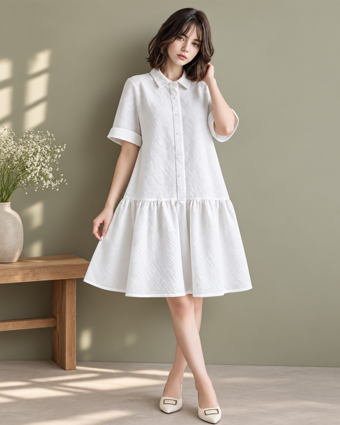 WHITE TIERED SHIRT MIDI DRESS